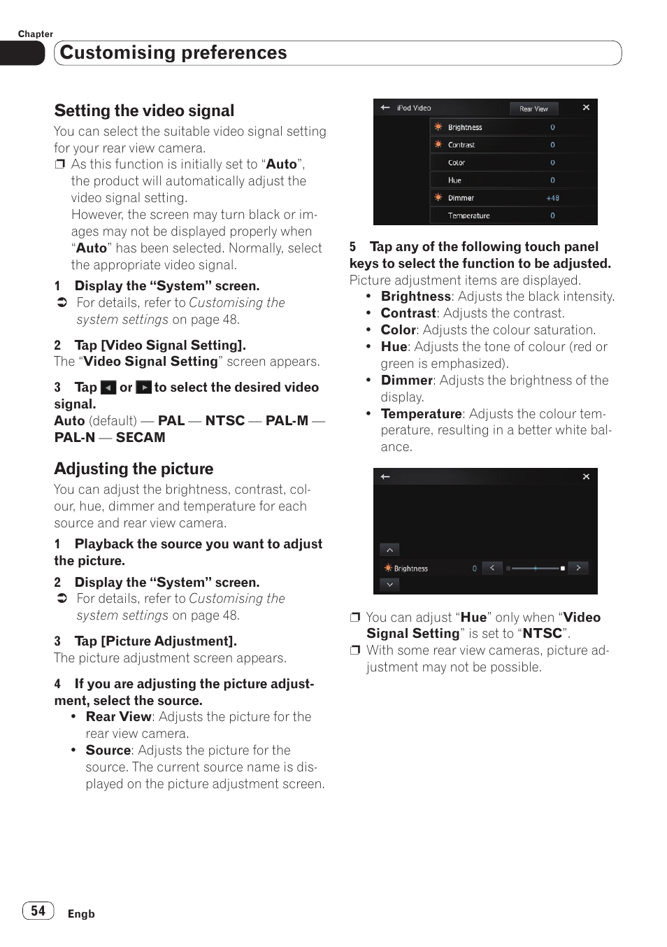 Setting the video signal, Adjusting the picture, Customising preferences | Pioneer SPH-DA110 User Manual | Page 54 / 66
