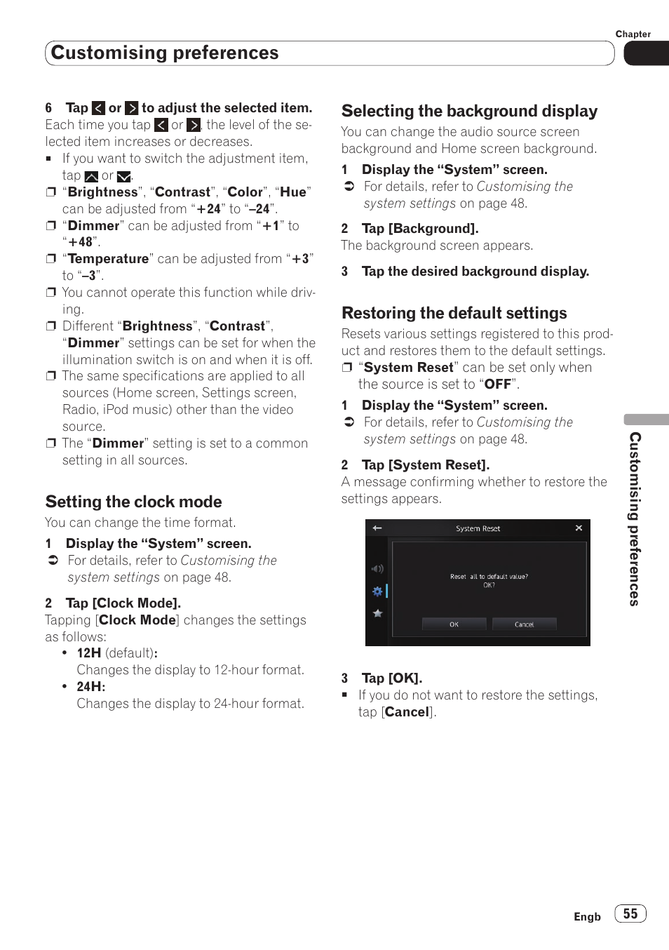 Setting the clock mode, Selecting the background display, Restoring the default settings | Customising preferences | Pioneer SPH-DA110 User Manual | Page 55 / 66