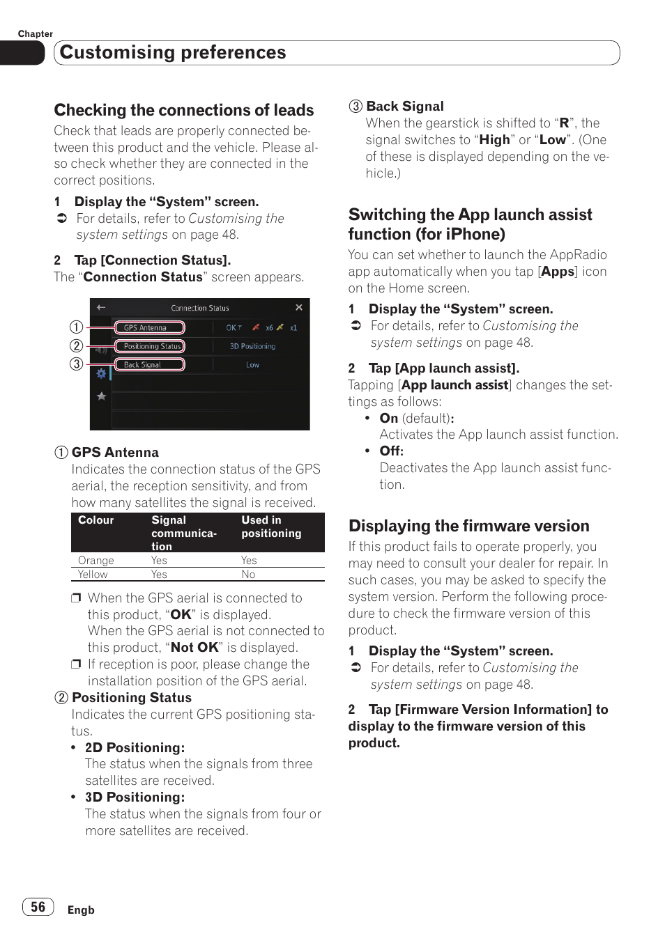 Checking the connections of leads, Switching the app launch assist, Function (for iphone) | Displaying the firmware version, Customising preferences | Pioneer SPH-DA110 User Manual | Page 56 / 66