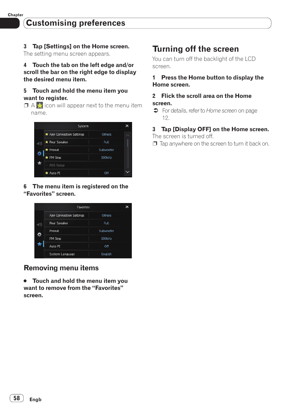 Removing menu items, Turning off the screen, Or details, refer to turning off the screen | Customising preferences | Pioneer SPH-DA110 User Manual | Page 58 / 66