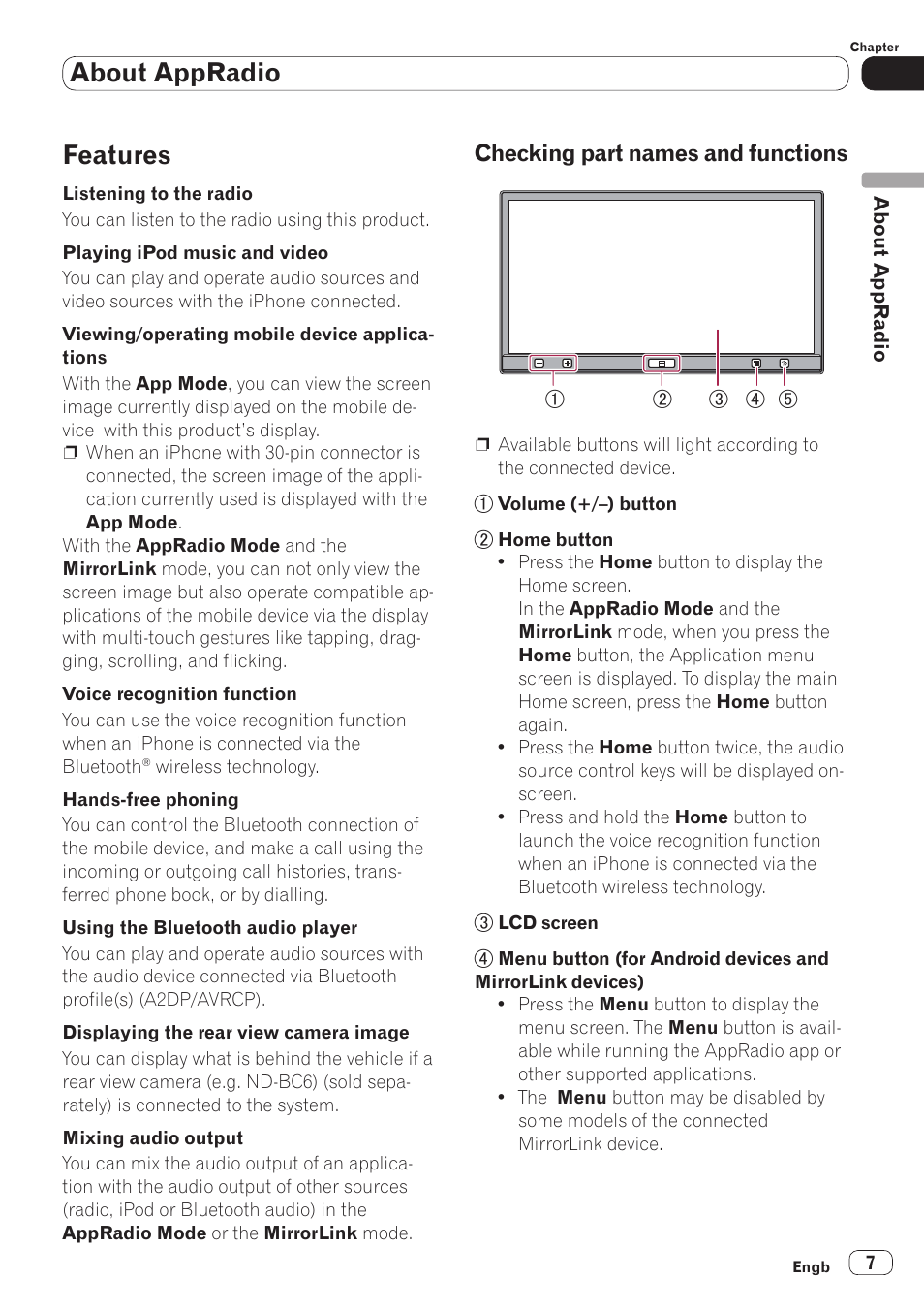 Features, Checking part names and functions, About appradio | Pioneer SPH-DA110 User Manual | Page 7 / 66