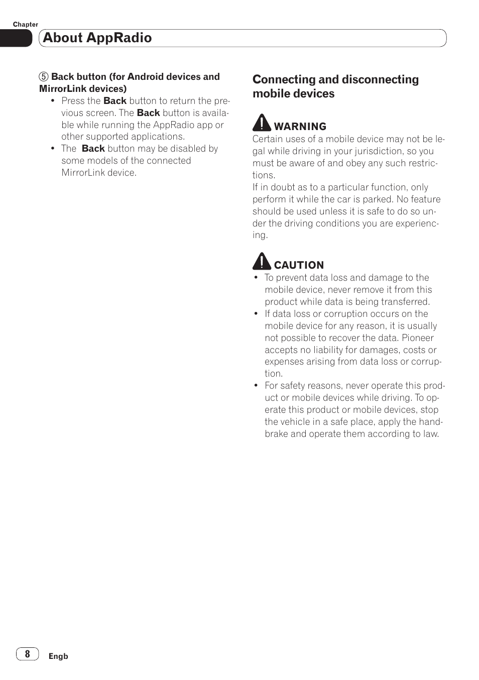 Connecting and disconnecting mobile, Devices, About appradio | Pioneer SPH-DA110 User Manual | Page 8 / 66
