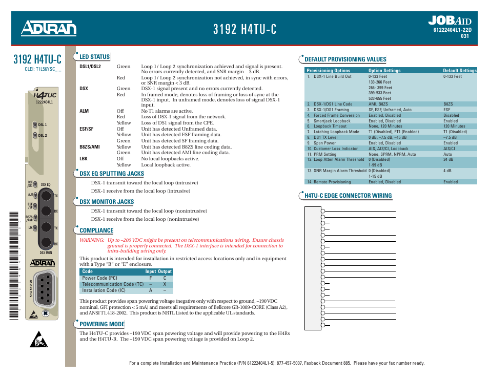 ADTRAN 3192 H4TU-C User Manual | 2 pages