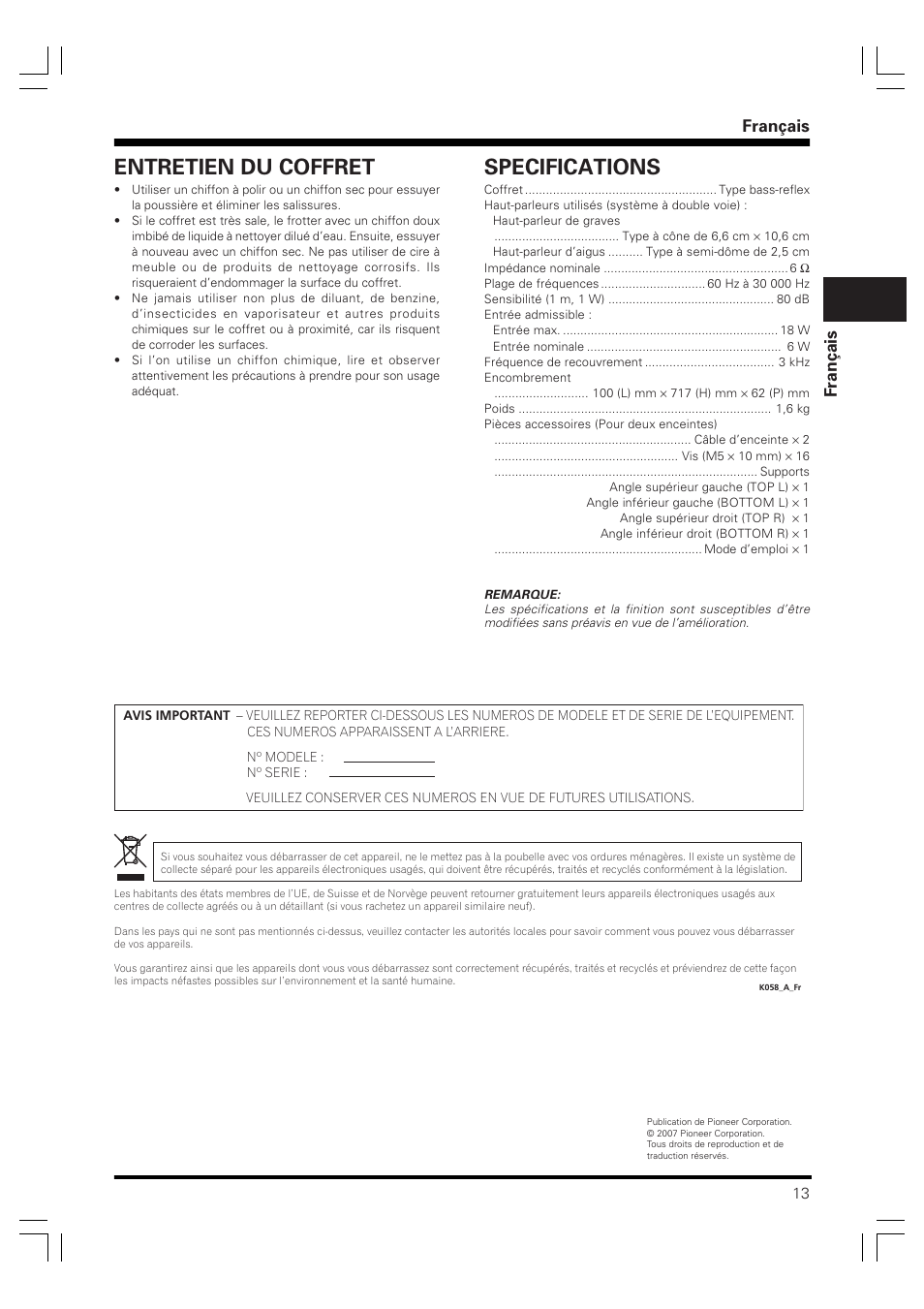 Specifications, Entretien du coffret, Français fran ç ais | Pioneer PDP-S58 User Manual | Page 13 / 44