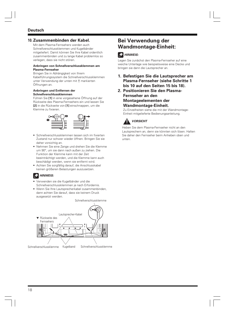 Bei verwendung der wandmontage-einheit, Deutsch, Zusammenbinden der kabel | Pioneer PDP-S58 User Manual | Page 18 / 44