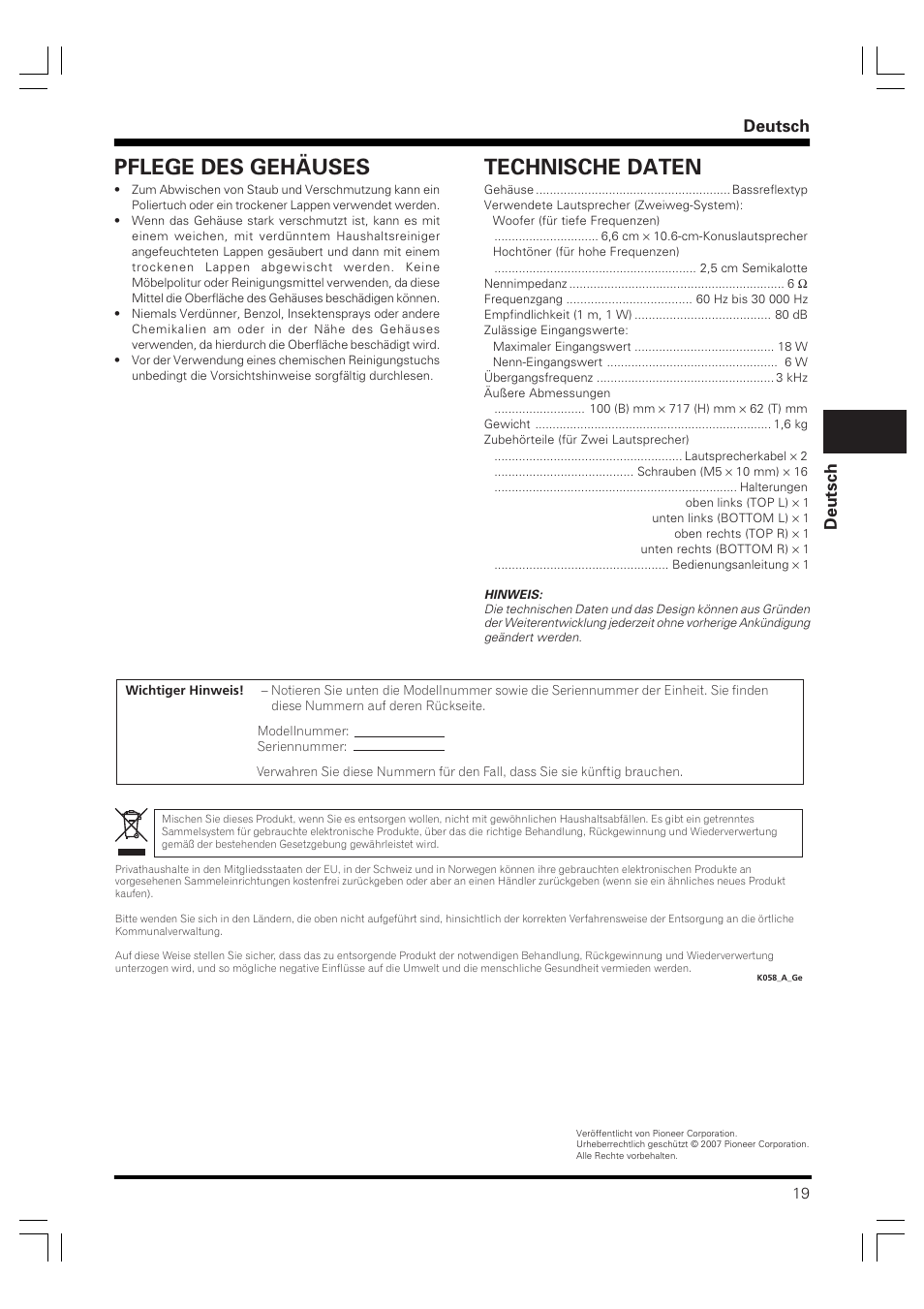 Pflege des gehäuses, Technische daten, Deutsch | Pioneer PDP-S58 User Manual | Page 19 / 44