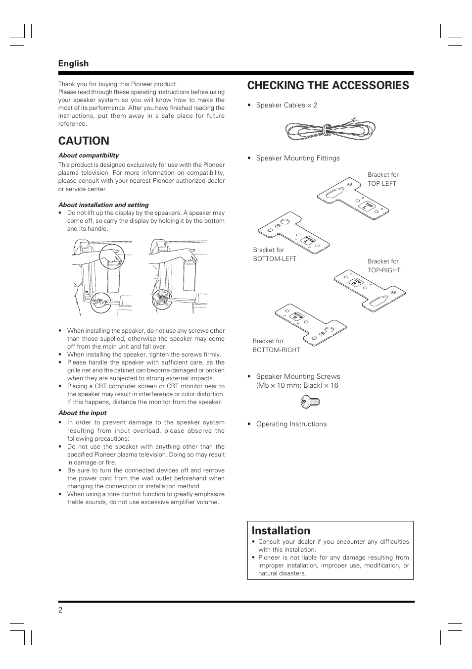 Operating instructions, Speaker system, Caution | Installation, Checking the accessories, English | Pioneer PDP-S58 User Manual | Page 2 / 44