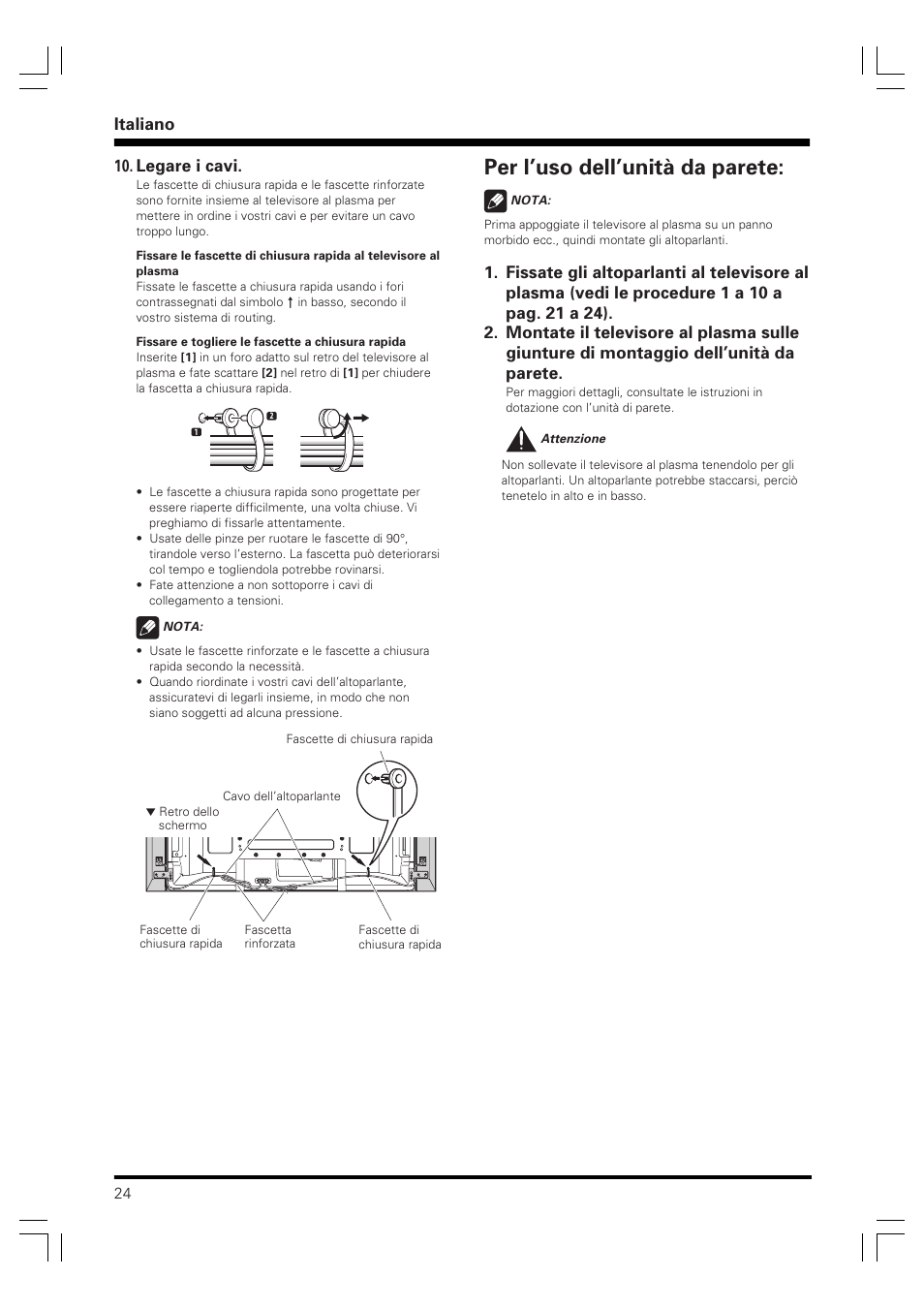 Per l’uso dell’unità da parete, Italiano, Legare i cavi | Pioneer PDP-S58 User Manual | Page 24 / 44