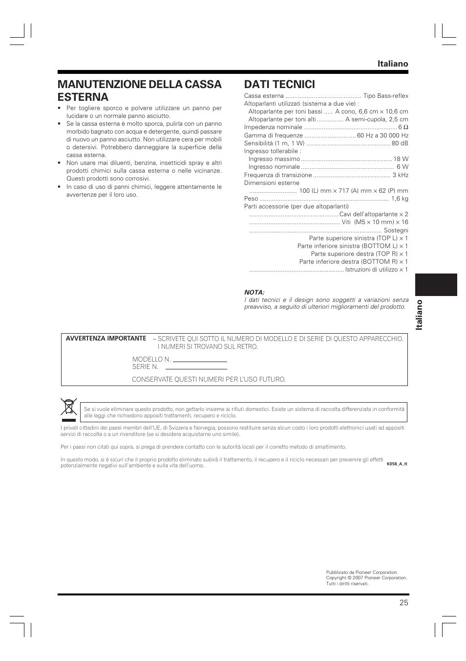 Manutenzione della cassa esterna, Dati tecnici, Italiano | Pioneer PDP-S58 User Manual | Page 25 / 44