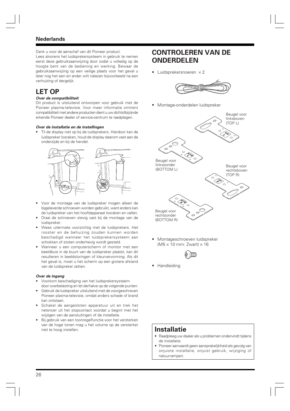 Handleiding, Luidsprekersysteem, Installatie | Let op, Controleren van de onderdelen, Nederlands | Pioneer PDP-S58 User Manual | Page 26 / 44