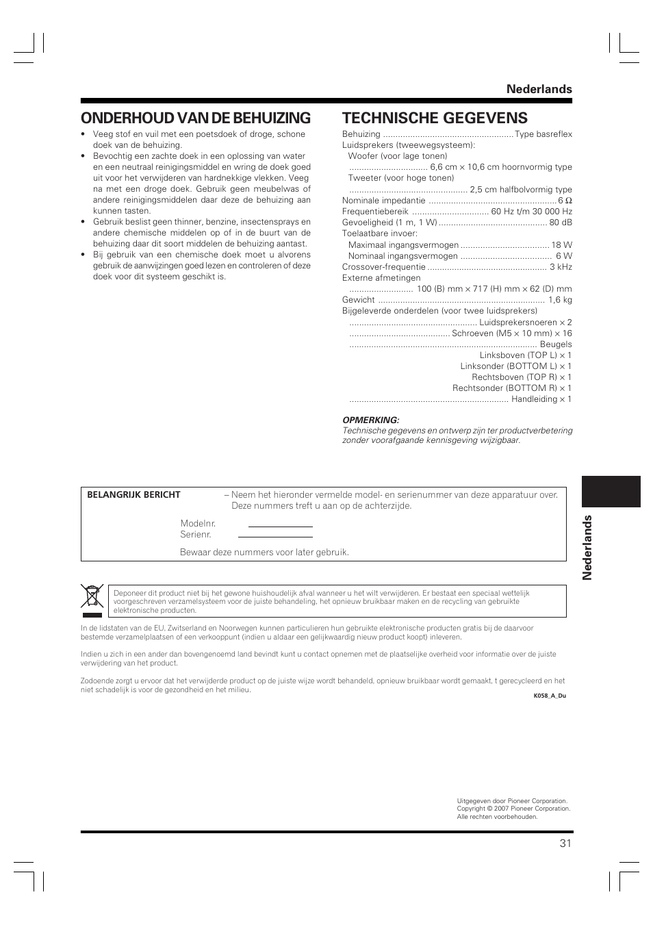 Onderhoud van de behuizing, Technische gegevens, Nederlands | Pioneer PDP-S58 User Manual | Page 31 / 44