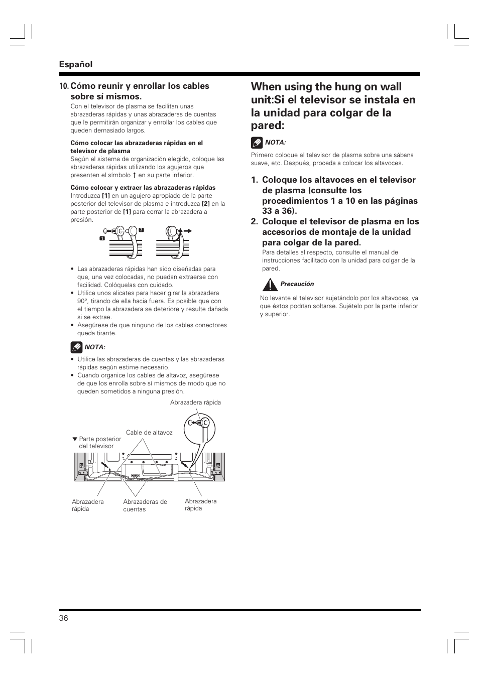 Español, Cómo reunir y enrollar los cables sobre sí mismos | Pioneer PDP-S58 User Manual | Page 36 / 44