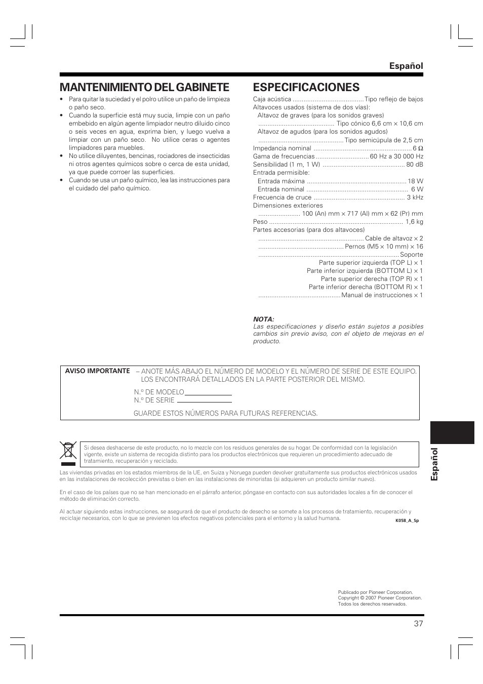 Mantenimiento del gabinete, Especificaciones, Español espa ñ ol | Pioneer PDP-S58 User Manual | Page 37 / 44