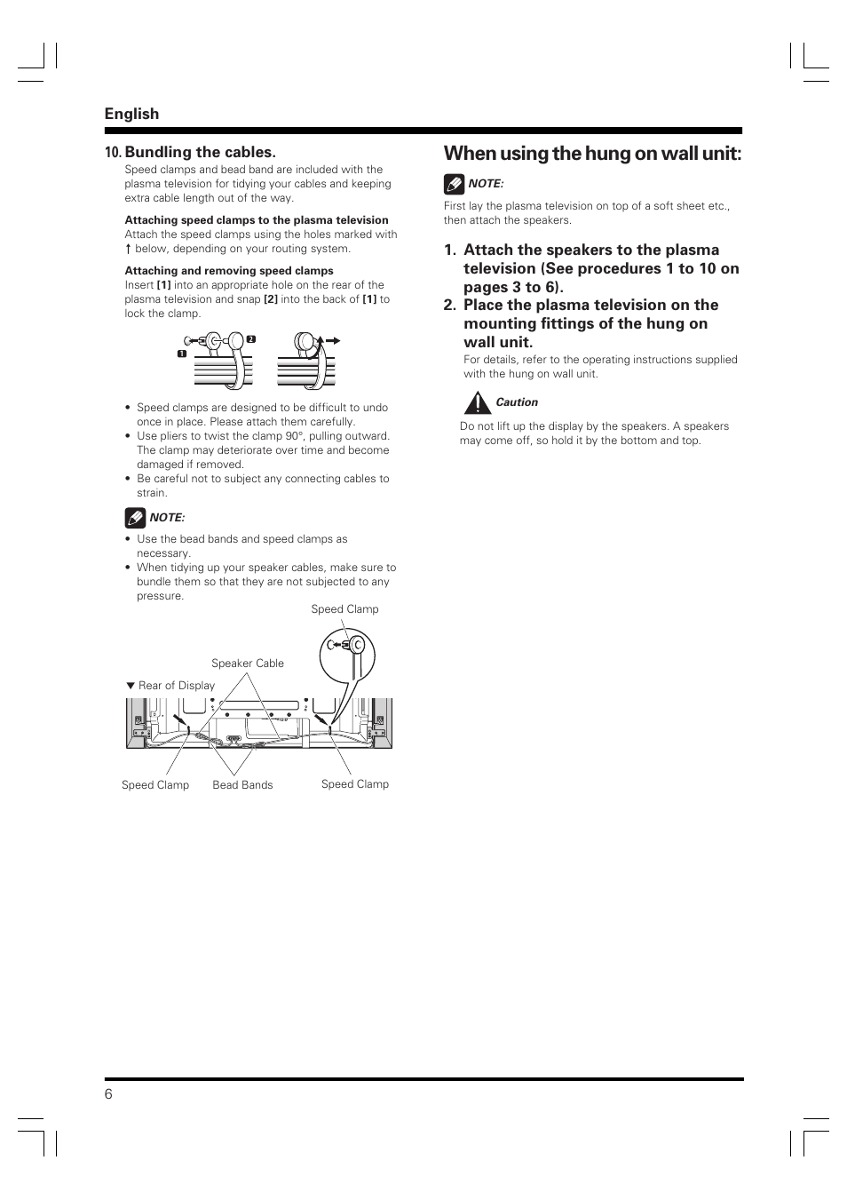When using the hung on wall unit, English, Bundling the cables | Pioneer PDP-S58 User Manual | Page 6 / 44