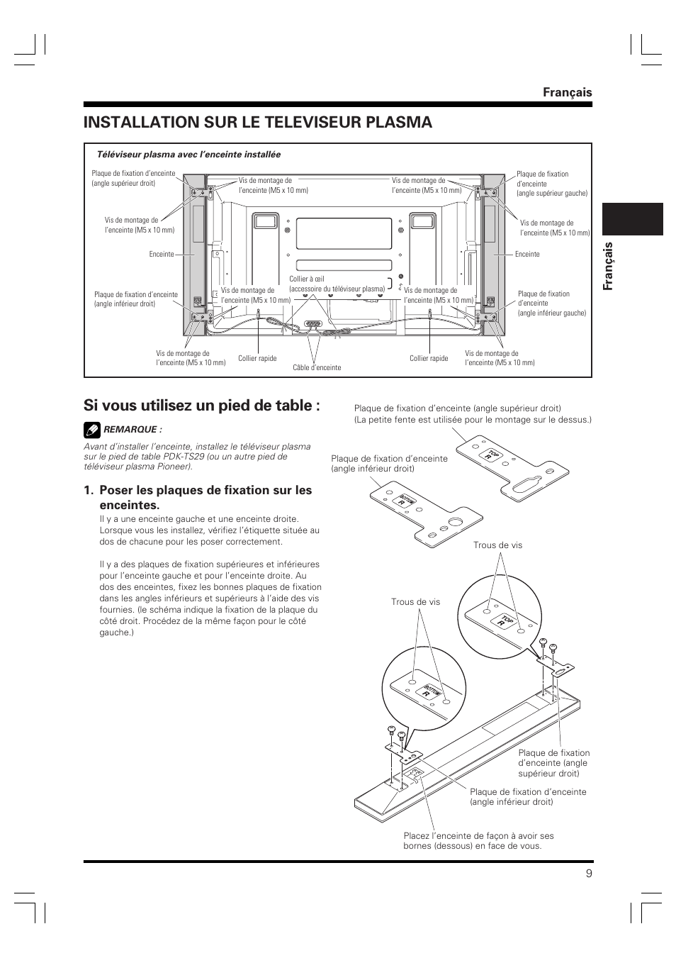 Français fran ç ais, Poser les plaques de fixation sur les enceintes | Pioneer PDP-S58 User Manual | Page 9 / 44