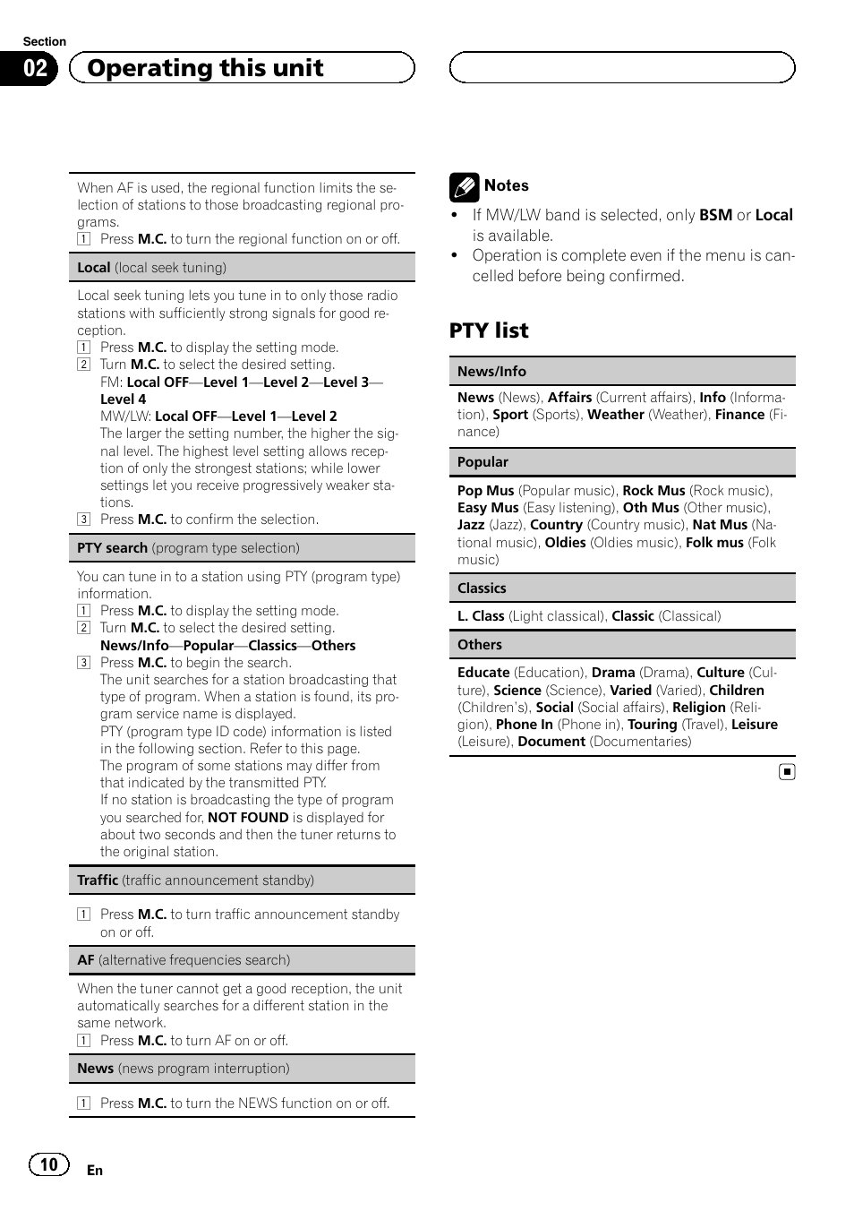 Pty list 10, 02 operating this unit, Pty list | Pioneer DEH-6200BT User Manual | Page 10 / 32