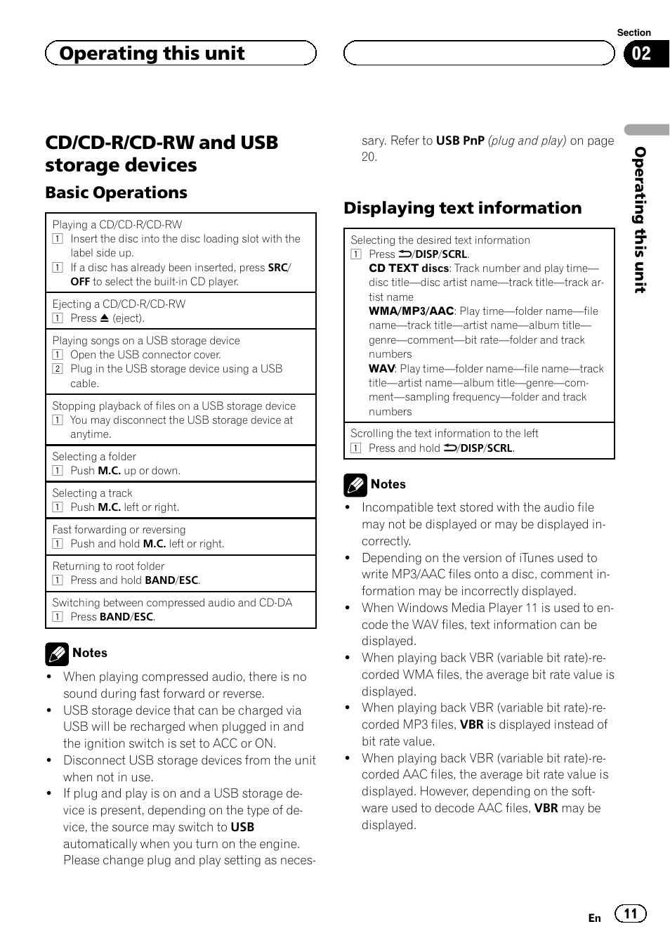 Cd/cd-r/cd-rw and usb storage, Devices, Basic operations 11 | Displaying text information 11, Cd/cd-r/cd-rw and usb storage devices, Basic operations, Displaying text information, Operating this unit | Pioneer DEH-6200BT User Manual | Page 11 / 32