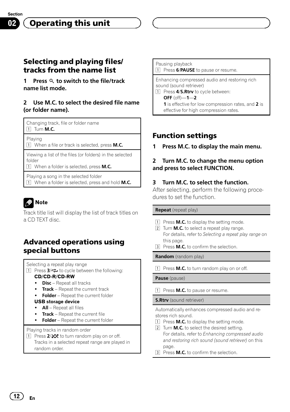 Selecting and playing files/tracks from, The name list, Advanced operations using special | Buttons, Function settings 12, 02 operating this unit, Advanced operations using special buttons, Function settings | Pioneer DEH-6200BT User Manual | Page 12 / 32
