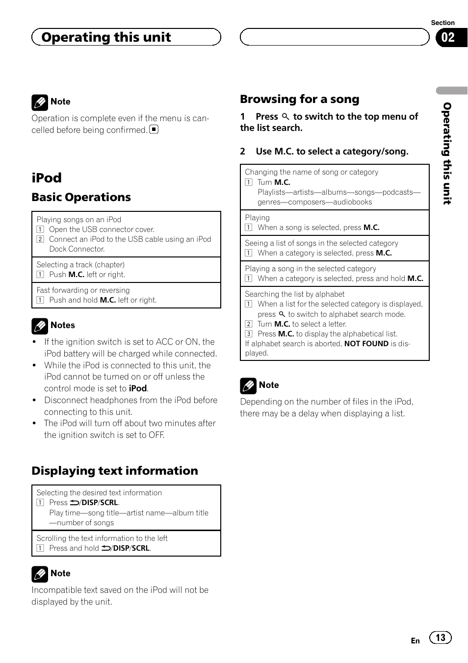 Ipod, Basic operations 13, Displaying text information 13 | Browsing for a song 13, Basic operations, Displaying text information, Browsing for a song, Operating this unit | Pioneer DEH-6200BT User Manual | Page 13 / 32