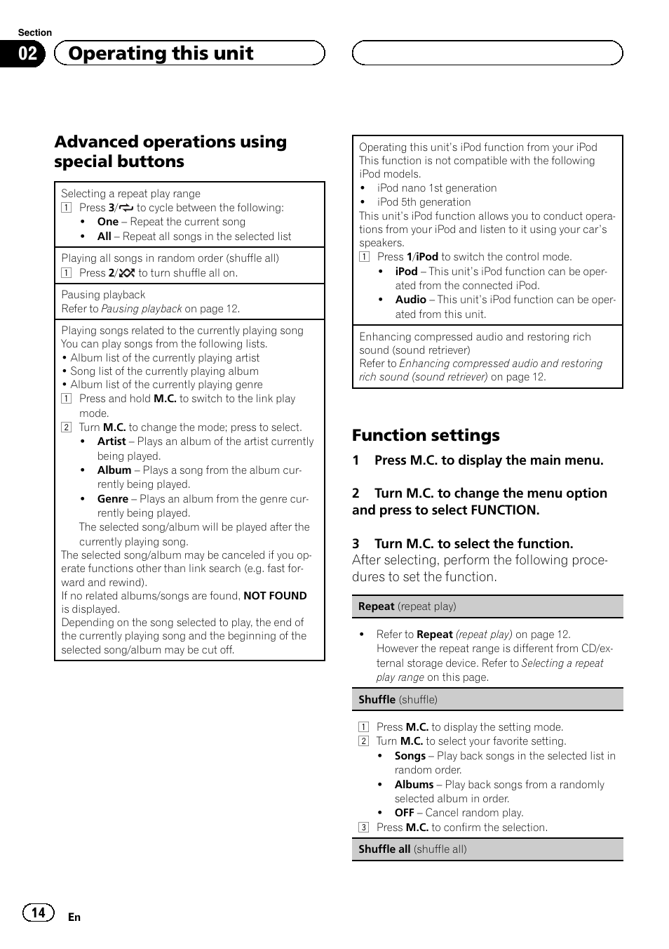 Advanced operations using special, Buttons, Function settings 14 | 02 operating this unit, Advanced operations using special buttons, Function settings | Pioneer DEH-6200BT User Manual | Page 14 / 32