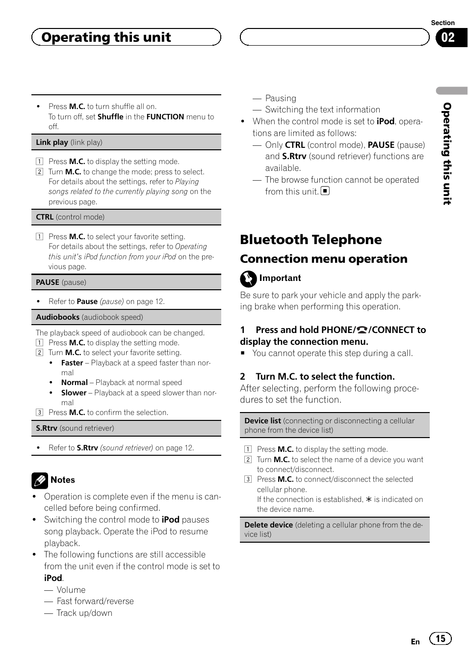 Bluetooth telephone, Connection menu operation 15, Connection menu operation | Operating this unit | Pioneer DEH-6200BT User Manual | Page 15 / 32