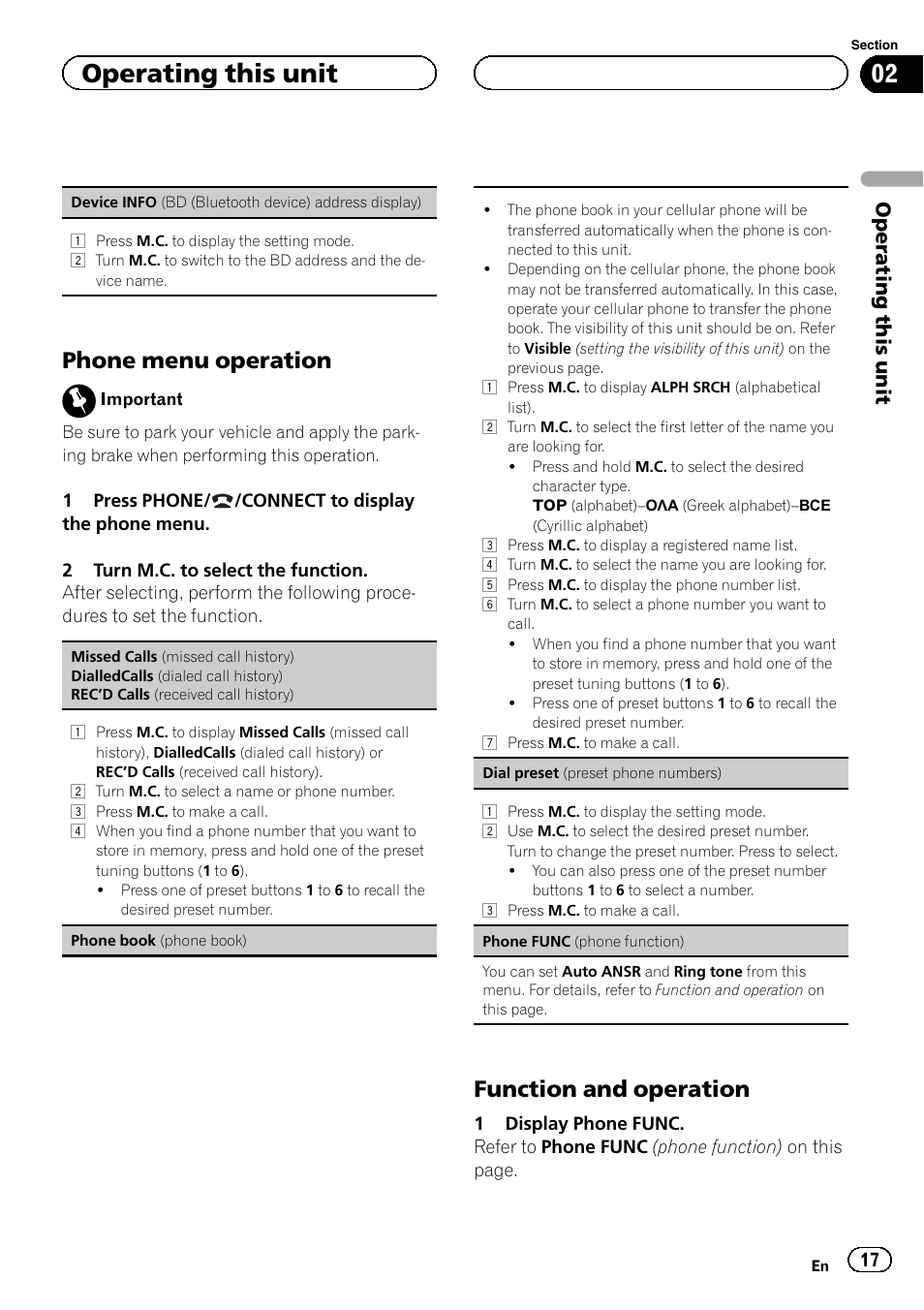 Phone menu operation 17, Function and operation 17, Phone menu operation | Function and operation, Operating this unit | Pioneer DEH-6200BT User Manual | Page 17 / 32