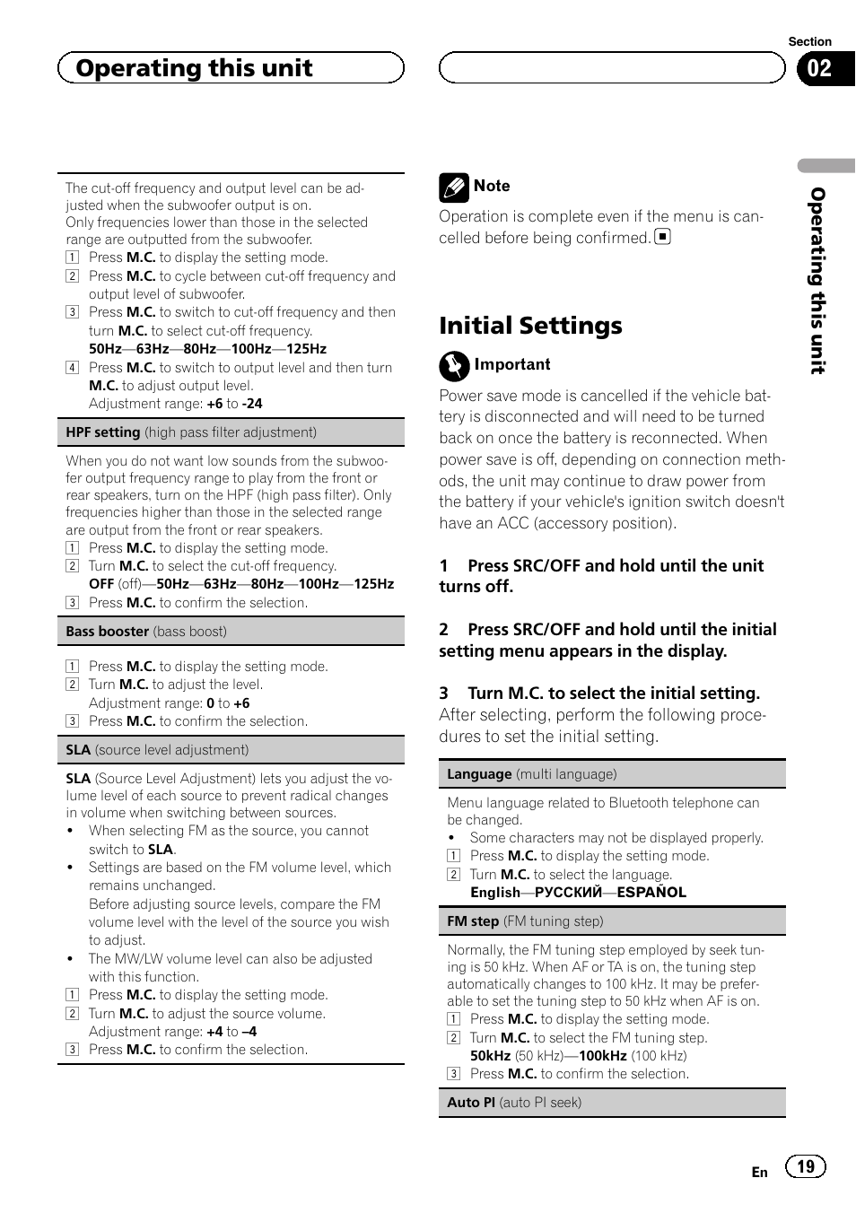 Initial settings, Operating this unit | Pioneer DEH-6200BT User Manual | Page 19 / 32