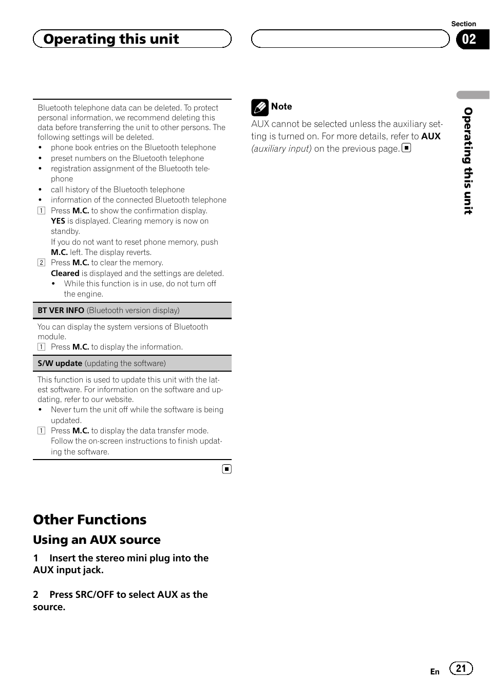 Other functions, Using an aux source 21, Operating this unit | Using an aux source | Pioneer DEH-6200BT User Manual | Page 21 / 32