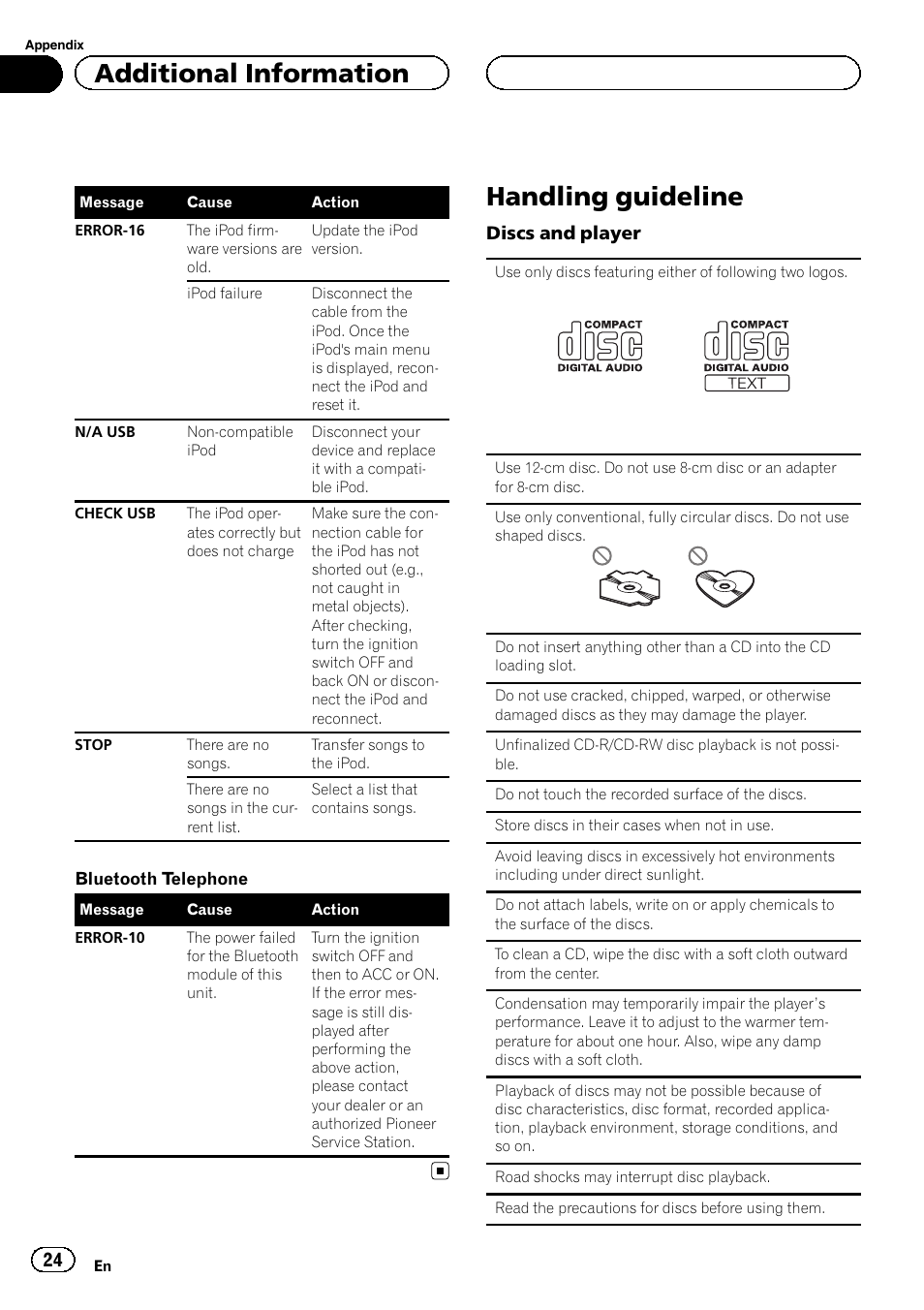 Handling guideline, Additional information | Pioneer DEH-6200BT User Manual | Page 24 / 32