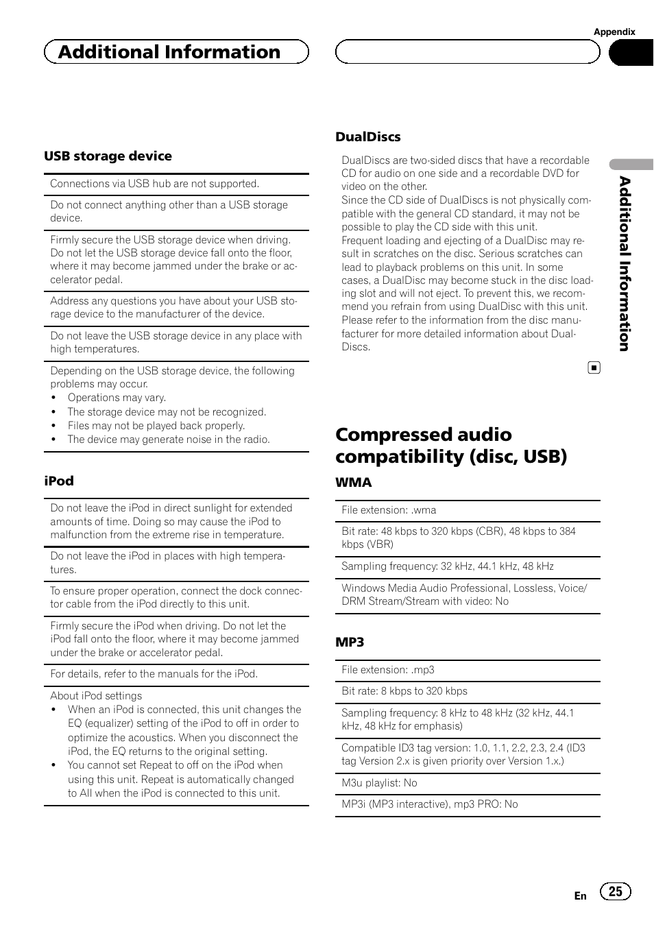 Compressed audio compatibility (disc, Usb), Compressed audio compatibility (disc, usb) | Additional information | Pioneer DEH-6200BT User Manual | Page 25 / 32