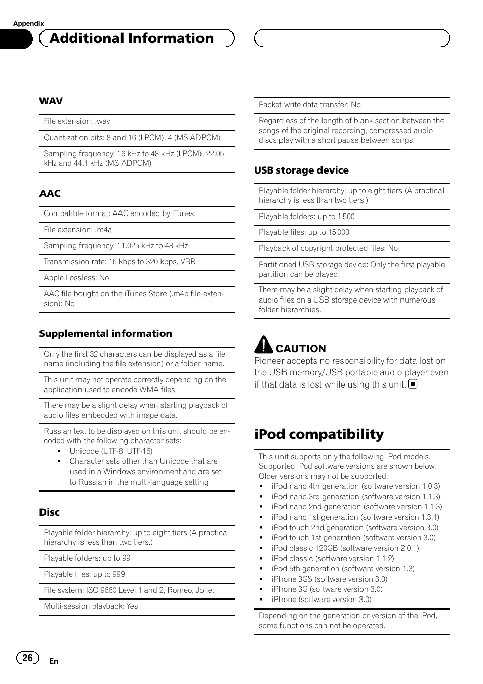 Ipod compatibility, Additional information, Caution | Pioneer DEH-6200BT User Manual | Page 26 / 32