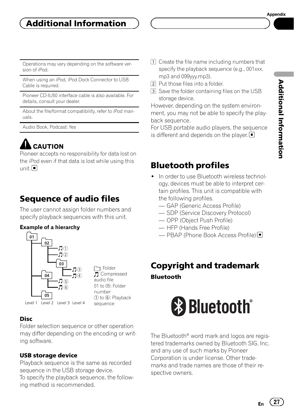 Sequence of audio files, Bluetooth profiles, Copyright and trademark | Additional information | Pioneer DEH-6200BT User Manual | Page 27 / 32