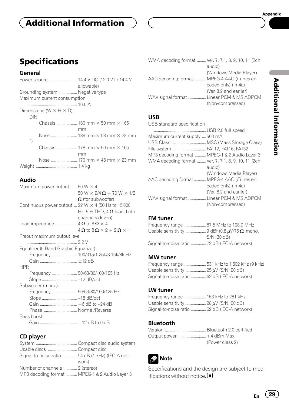 Specifications, Additional information | Pioneer DEH-6200BT User Manual | Page 29 / 32