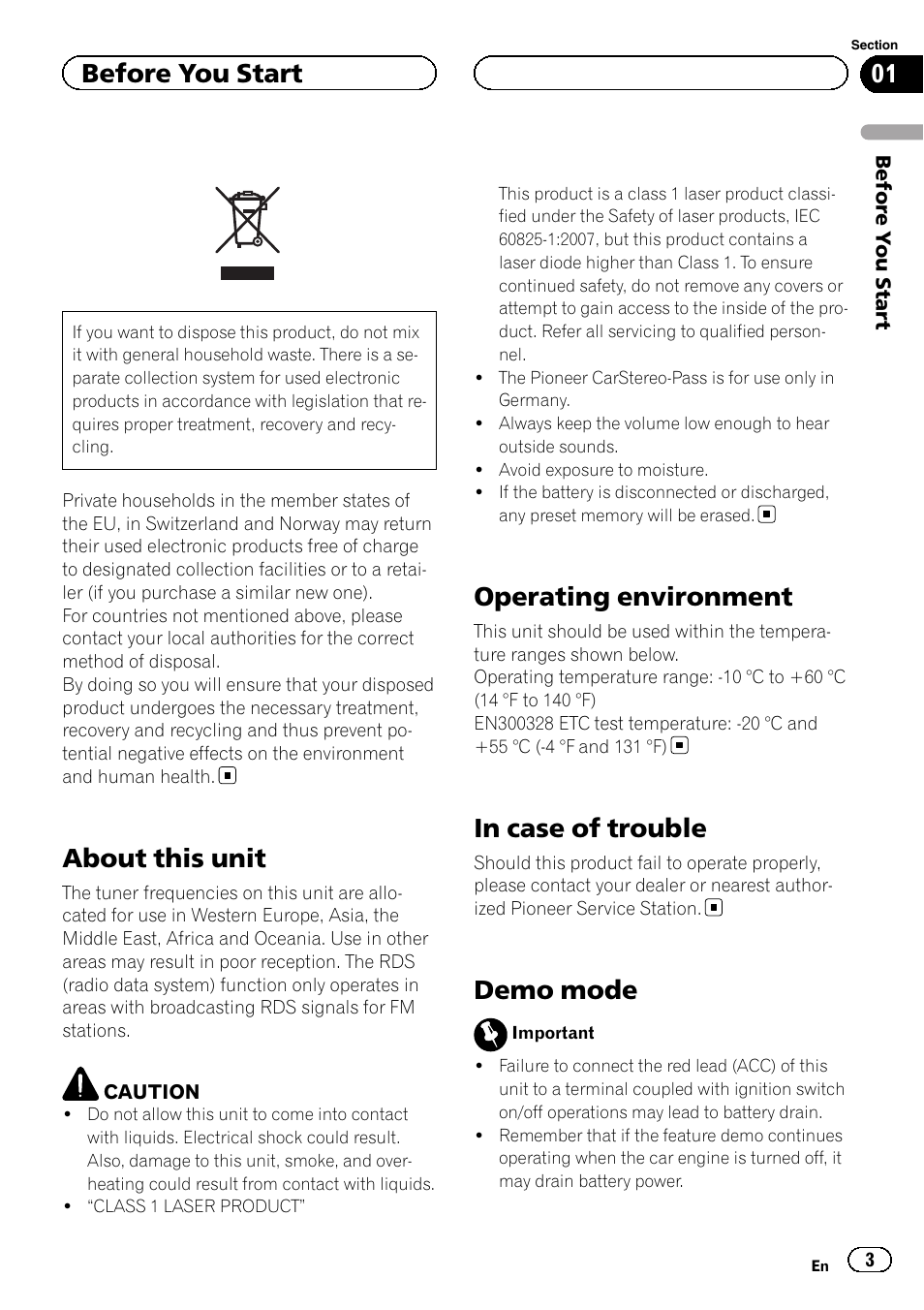 Before you start, About this unit, Operating environment | In case of trouble, Demo mode | Pioneer DEH-6200BT User Manual | Page 3 / 32