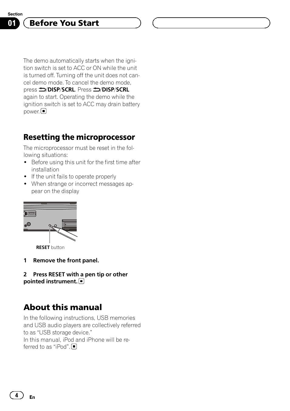 Resetting the microprocessor, About this manual, 01 before you start | Pioneer DEH-6200BT User Manual | Page 4 / 32