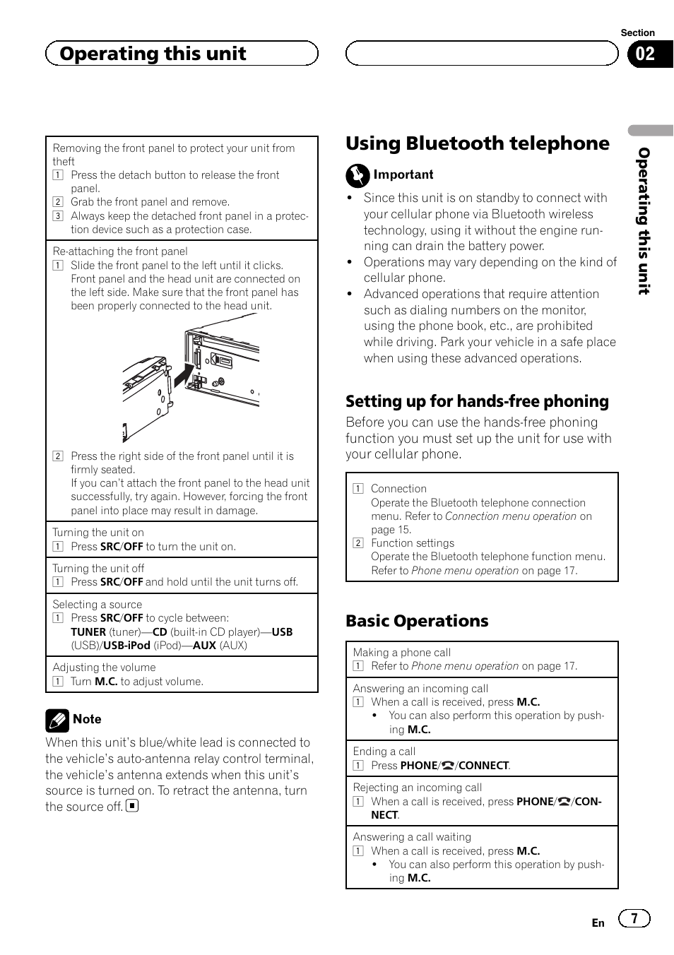 Using bluetooth telephone, Setting up for hands-free phoning 7, Basic operations 7 | Setting up for hands-free phoning, Basic operations, Operating this unit | Pioneer DEH-6200BT User Manual | Page 7 / 32