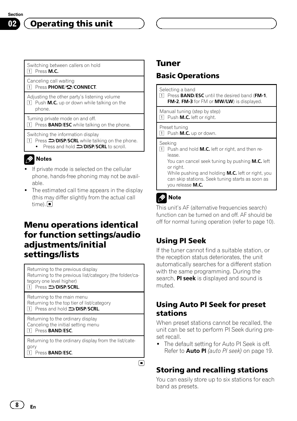 Menu operations identical for function, Settings/audio adjustments/initial settings/ lists, Tuner | Basic operations 8, Using pi seek 8, Using auto pi seek for preset, Stations, Storing and recalling stations 8, 02 operating this unit, Basic operations | Pioneer DEH-6200BT User Manual | Page 8 / 32