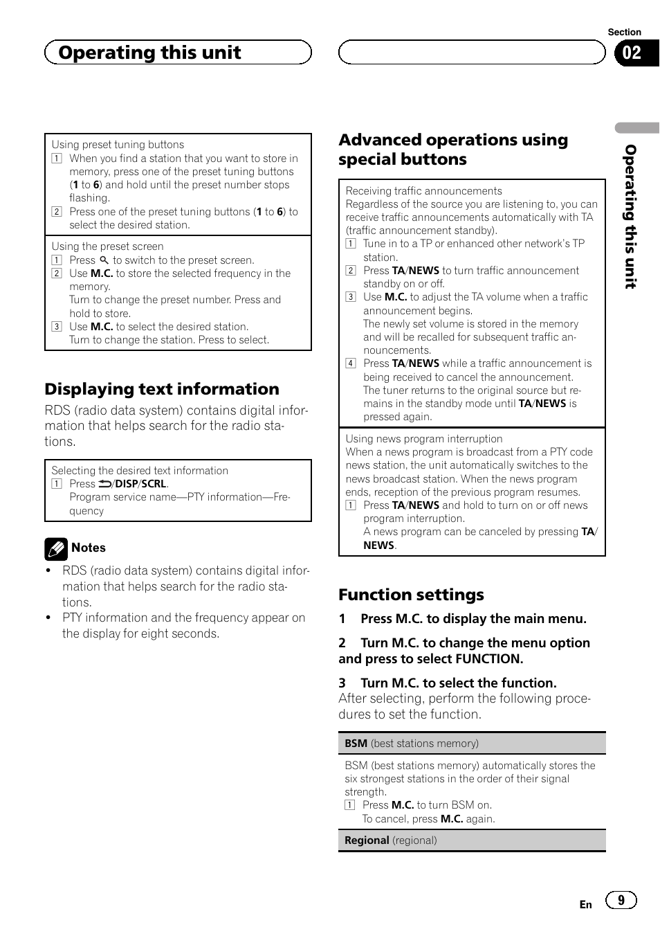 Displaying text information 9, Advanced operations using special, Buttons | Function settings 9, Displaying text information, Advanced operations using special buttons, Function settings, Operating this unit | Pioneer DEH-6200BT User Manual | Page 9 / 32