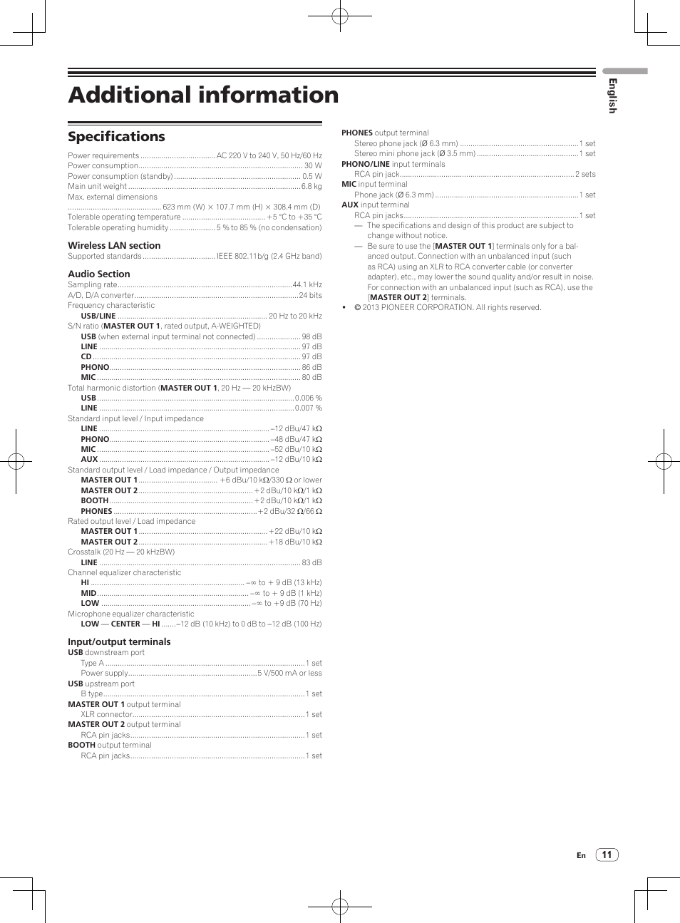 Additional information, Specifications | Pioneer XDJ-R1 User Manual | Page 11 / 84