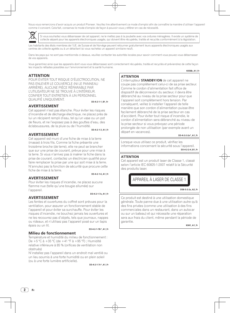 Système dj, Appareil à laser de classe 1, Avertissement | Milieu de fonctionnement, Attention | Pioneer XDJ-R1 User Manual | Page 12 / 84