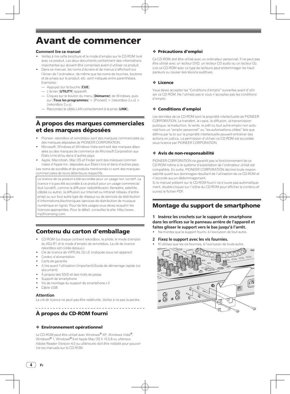 Avant de commencer, Contenu du carton d’emballage, Montage du support de smartphone | À propos du cd-rom fourni | Pioneer XDJ-R1 User Manual | Page 14 / 84