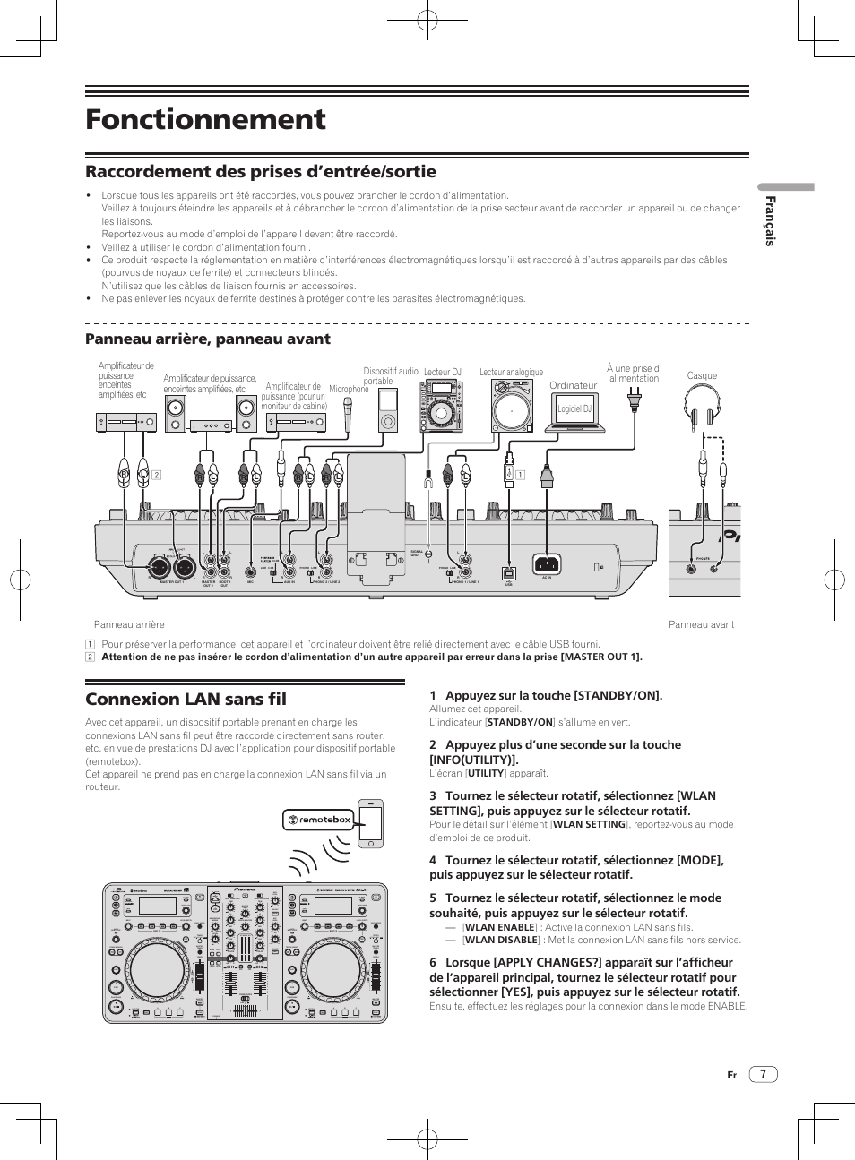 Fonctionnement, Raccordement des prises d’entrée/sortie, Connexion lan sans fil | Panneau arrière, panneau avant | Pioneer XDJ-R1 User Manual | Page 17 / 84