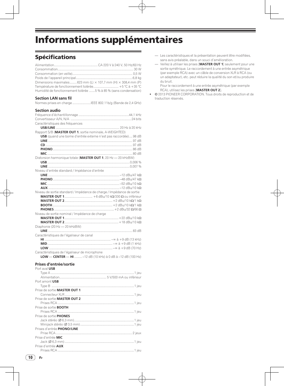 Informations supplémentaires, Spécifications | Pioneer XDJ-R1 User Manual | Page 20 / 84