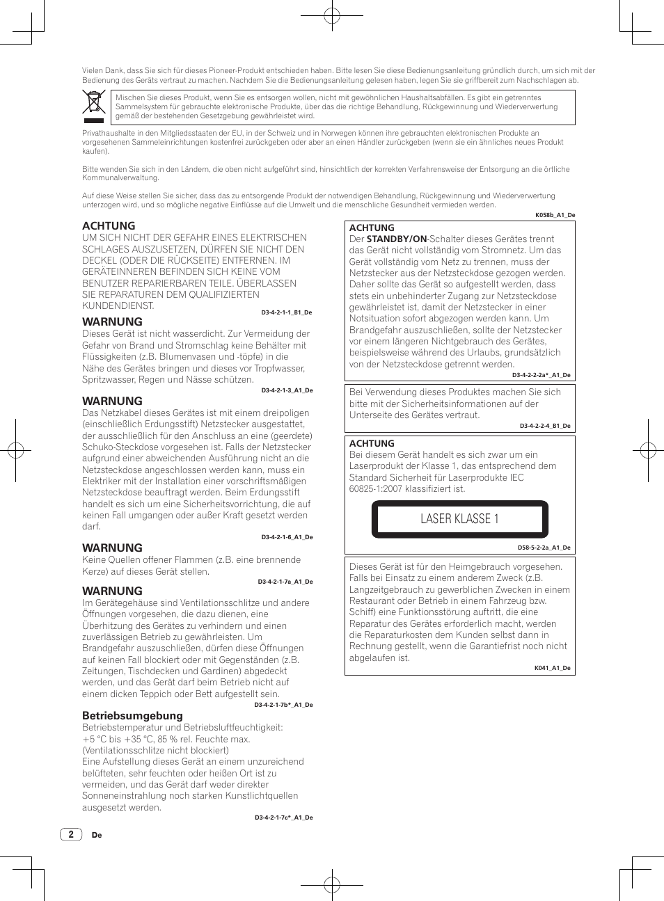 Vor gebrauch lesen (wichtig)/kurzanleitung, Dj-system, Laser klasse 1 | Warnung, Betriebsumgebung, Achtung | Pioneer XDJ-R1 User Manual | Page 22 / 84