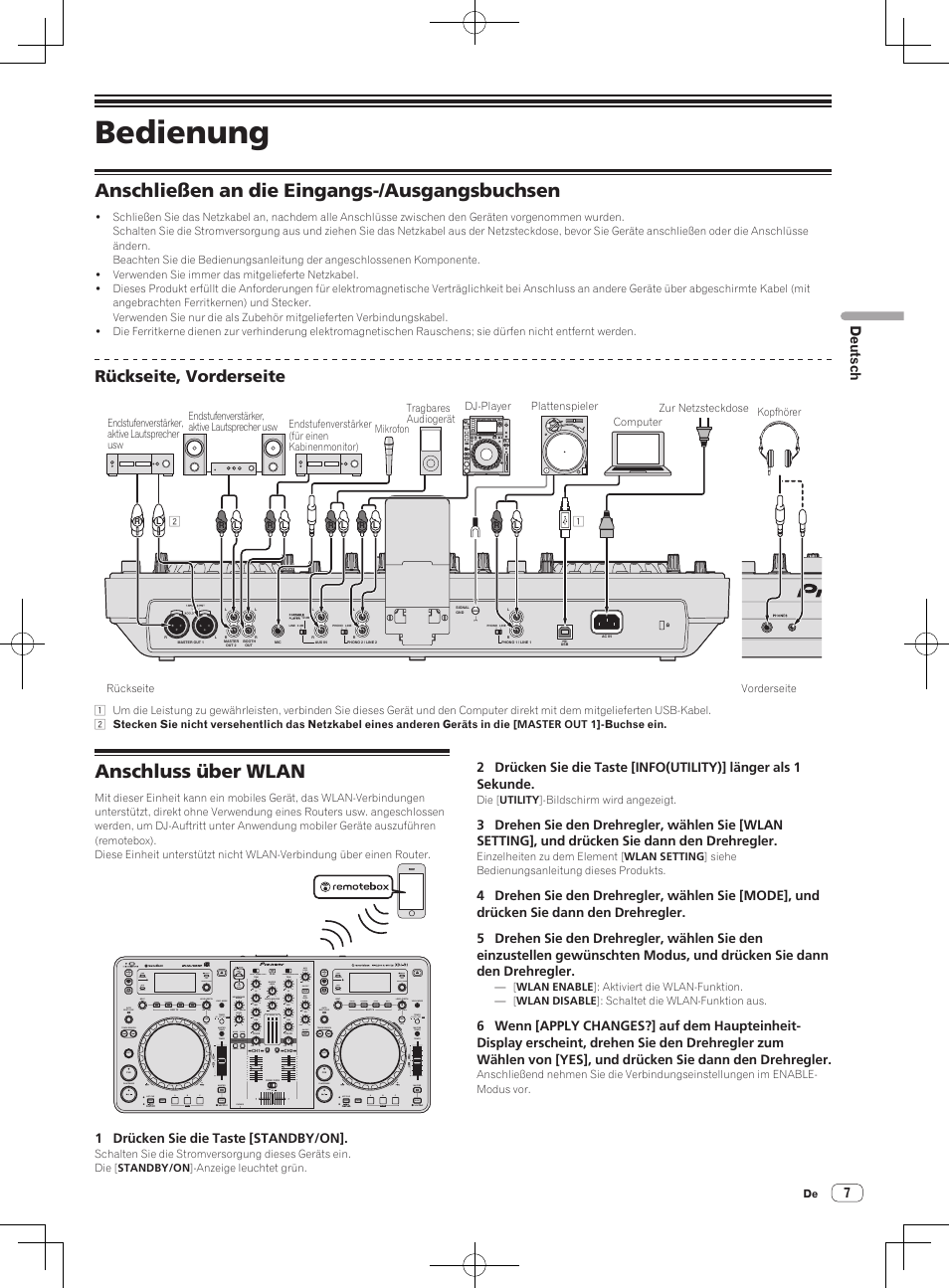 Bedienung, Anschließen an die eingangs-/ausgangsbuchsen, Anschluss über wlan | Rückseite, vorderseite | Pioneer XDJ-R1 User Manual | Page 27 / 84