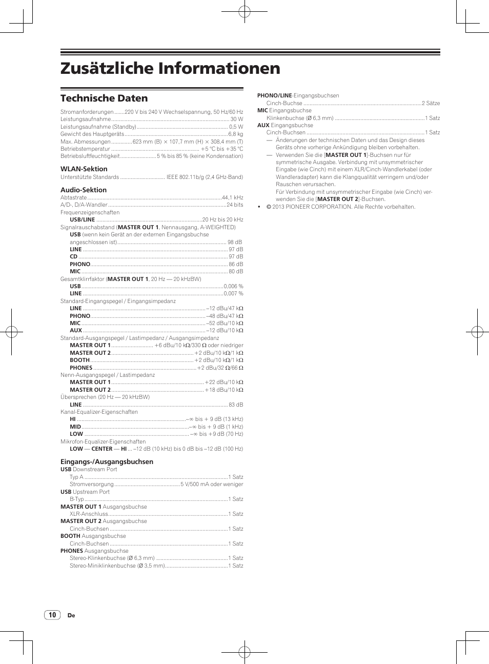 Zusätzliche informationen, Technische daten | Pioneer XDJ-R1 User Manual | Page 30 / 84