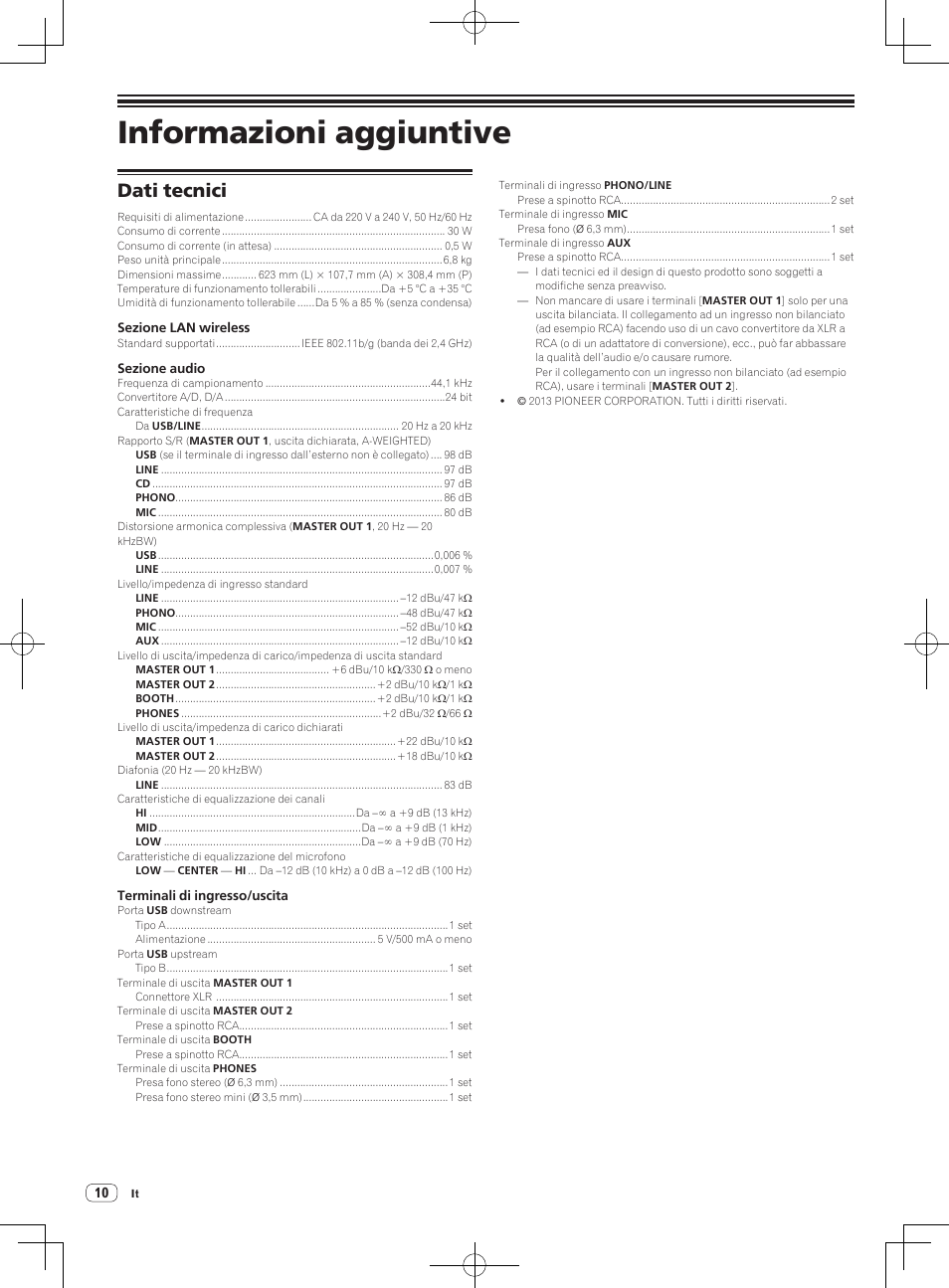 Informazioni aggiuntive, Dati tecnici | Pioneer XDJ-R1 User Manual | Page 40 / 84