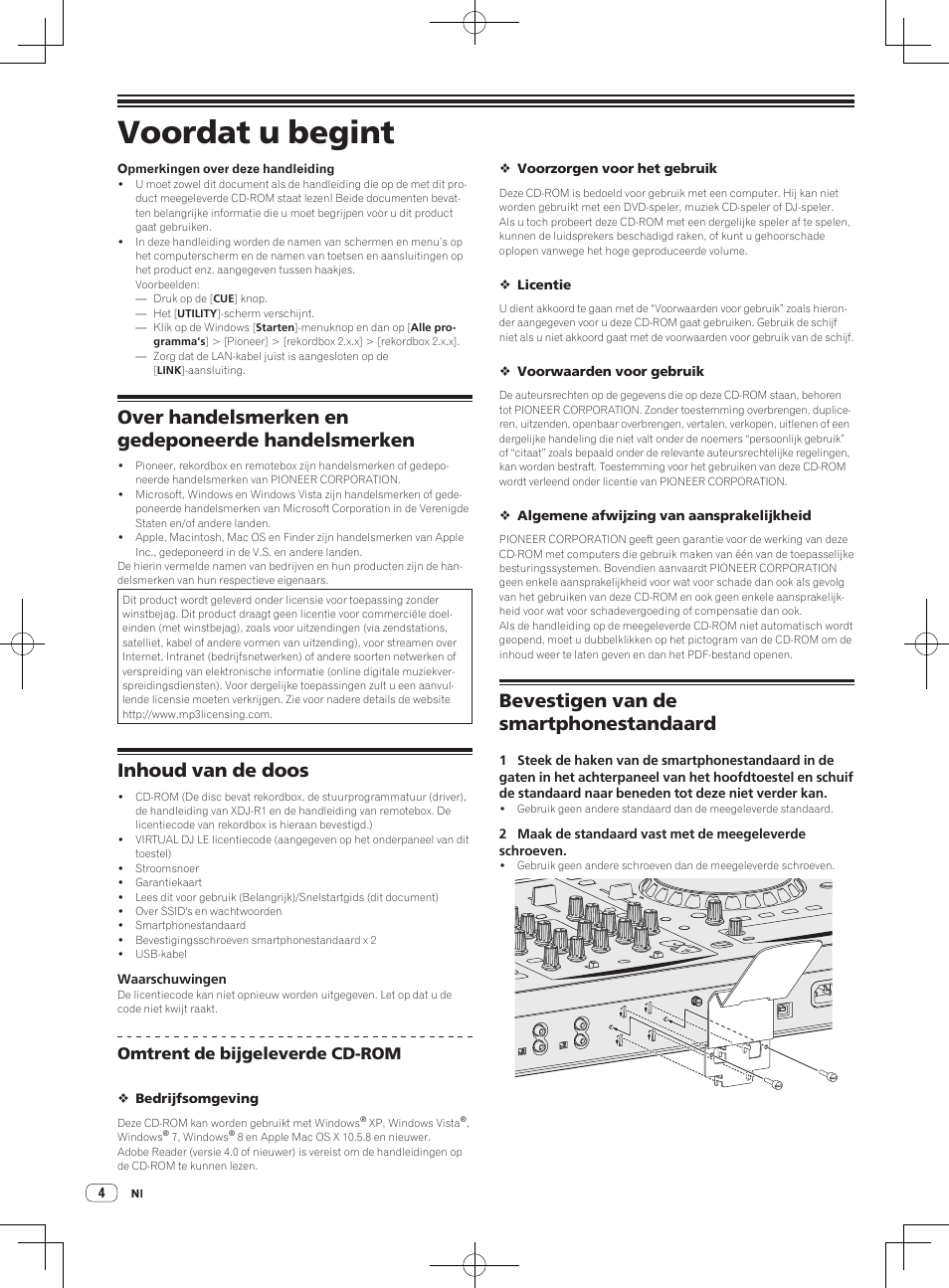 Voordat u begint, Over handelsmerken en gedeponeerde handelsmerken, Inhoud van de doos | Bevestigen van de smartphonestandaard, Omtrent de bijgeleverde cd-rom | Pioneer XDJ-R1 User Manual | Page 44 / 84