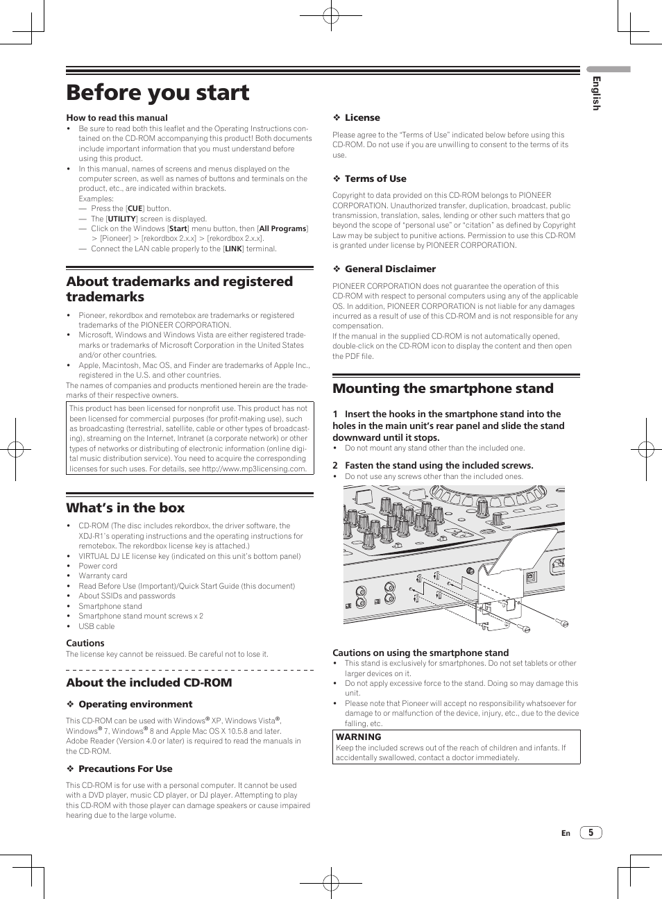 Before you start, About trademarks and registered trademarks, What’s in the box | Mounting the smartphone stand, About the included cd-rom | Pioneer XDJ-R1 User Manual | Page 5 / 84