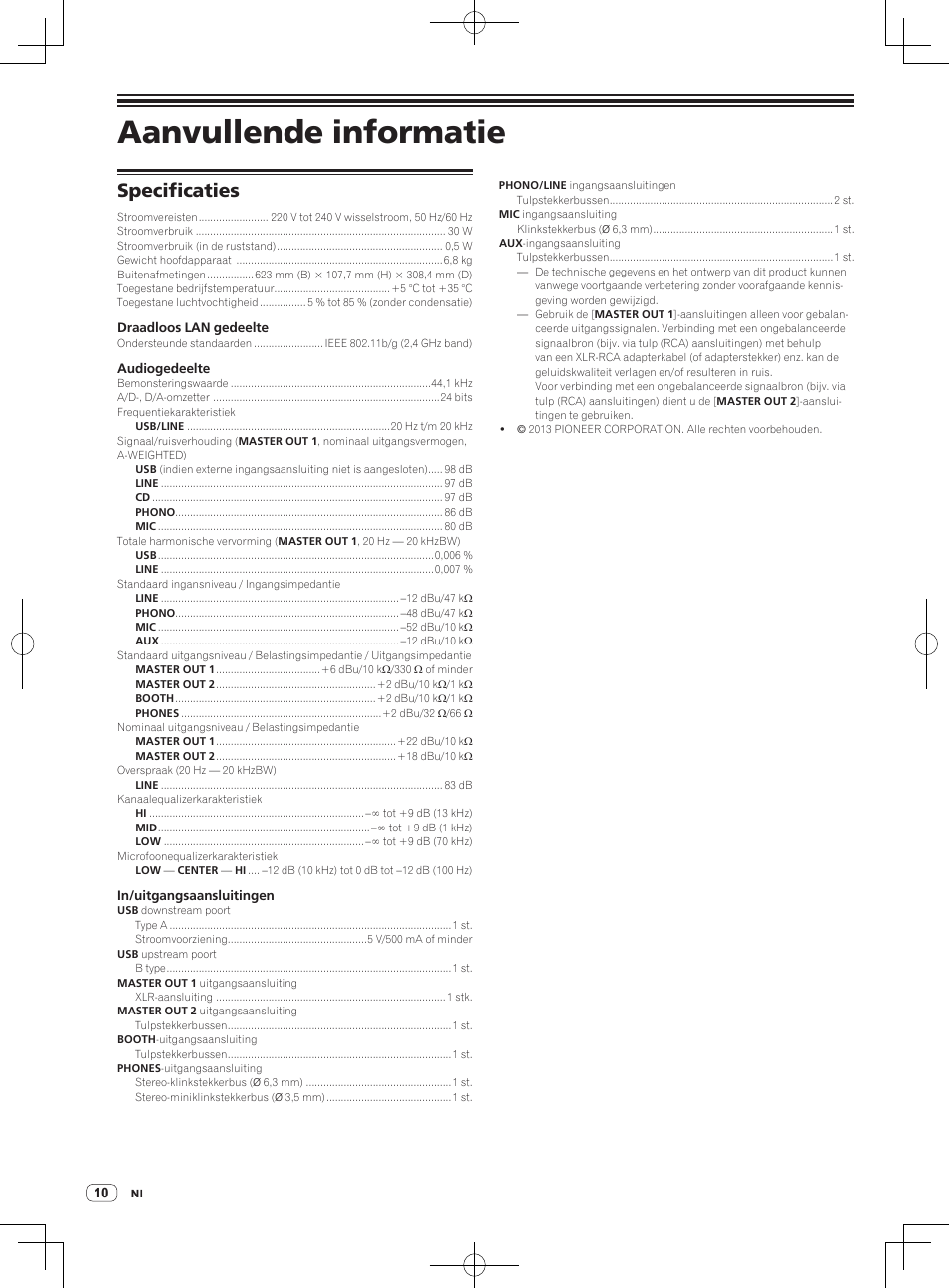 Aanvullende informatie, Specificaties | Pioneer XDJ-R1 User Manual | Page 50 / 84